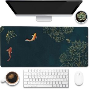 Large Gaming Mouse Pad for Desk,Koi Fish Ink Painting Desk Mat,Golden Line Lotus Desk Pad,Extended Big Computer Keyboard Mouse Pad with Non-Slip Base and Stitched Edge,31.5"x11.8"