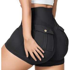 Sumleno Women Cargo Shorts with Pocket High Waist Scrunch Butt Lifting Tummy Control Athletic Workout Gym Booty Biker Shorts