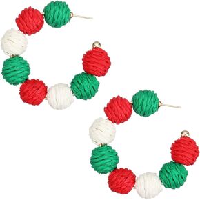 Raffia Hoop Earrings for Women Boho Colorful Rainbow Beaded Earrings Bohemian Statement Rattan Earrings for Summer Beach Raffia Circle Dangle Drop Earrings for Girls