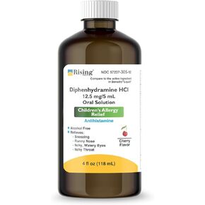 Rising Health - Allergy Relief Liquid Medicine with Diphenhydramine HCl 12.5mg/5ml - Kids' Allergy Syrup for Allergy Symptoms Like Runny Nose, Itchy Eyes & More - Cherry Flavor - 4 fl. oz