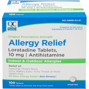 Quality Choice 24 Hour Allergy Medicine, Non-Drowsy Relief for Indoor & Outdoor Allergies, Loratadine 10mg Antihistamine, for Relief of Sneezing, Runny Nose, Itchy & Watery Eyes, 100 Count