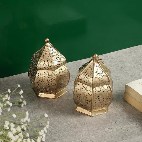 Set of 2 Decorative Moroccan Lantern Candle Holders for Home Decoration.Perfect for Home Decor, Parties & Events, Table Top Or Hanging Lantern for Balcony - 6 Inches - Gold in Kuwait