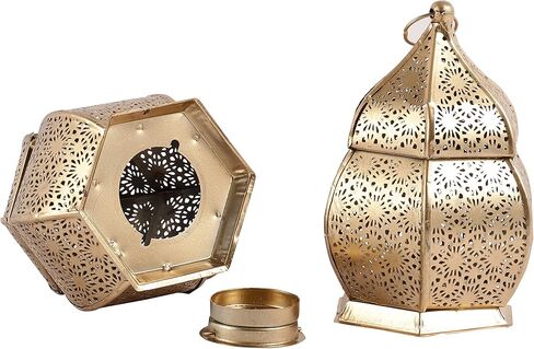 Set of 2 Decorative Moroccan Lantern Candle Holders for Home Decoration.Perfect for Home Decor, Parties & Events, Table Top Or Hanging Lantern for Balcony - 6 Inches - Gold in Kuwait