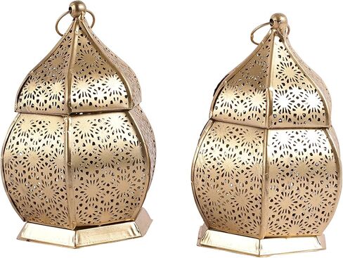 Set of 2 Decorative Moroccan Lantern Candle Holders for Home Decoration.Perfect for Home Decor, Parties & Events, Table Top Or Hanging Lantern for Balcony - 6 Inches - Gold in Kuwait