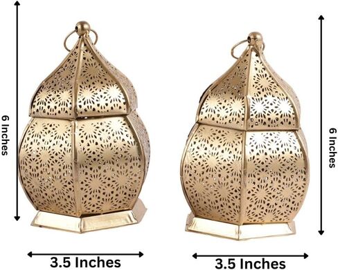 Set of 2 Decorative Moroccan Lantern Candle Holders for Home Decoration.Perfect for Home Decor, Parties & Events, Table Top Or Hanging Lantern for Balcony - 6 Inches - Gold in Kuwait