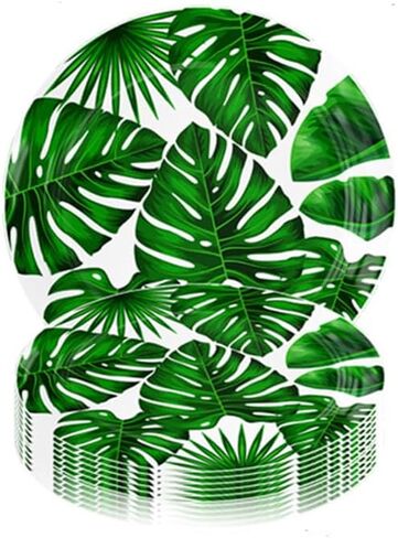 50 قطعة من أطباق الحفلات الورقية الاستوائية مقاس 22.86 سم للاستعمال مرة واحدة، أطباق ورقية دائرية من أوراق النخيل الخضراء، أطباق حلوى هاواي، أطباق لوا، أدوات مائدة صيفية لحفلة لو سفاري هاواي الغابة in Kuwait