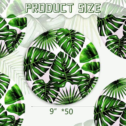 50 قطعة من أطباق الحفلات الورقية الاستوائية مقاس 22.86 سم للاستعمال مرة واحدة، أطباق ورقية دائرية من أوراق النخيل الخضراء، أطباق حلوى هاواي، أطباق لوا، أدوات مائدة صيفية لحفلة لو سفاري هاواي الغابة in Kuwait