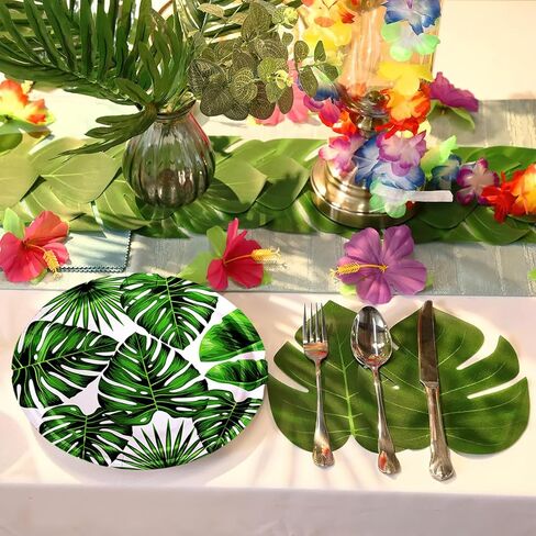 50 قطعة من أطباق الحفلات الورقية الاستوائية مقاس 22.86 سم للاستعمال مرة واحدة، أطباق ورقية دائرية من أوراق النخيل الخضراء، أطباق حلوى هاواي، أطباق لوا، أدوات مائدة صيفية لحفلة لو سفاري هاواي الغابة in Kuwait