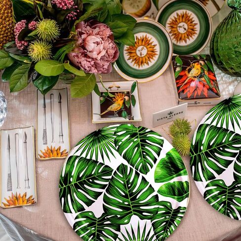 50 قطعة من أطباق الحفلات الورقية الاستوائية مقاس 22.86 سم للاستعمال مرة واحدة، أطباق ورقية دائرية من أوراق النخيل الخضراء، أطباق حلوى هاواي، أطباق لوا، أدوات مائدة صيفية لحفلة لو سفاري هاواي الغابة in Kuwait