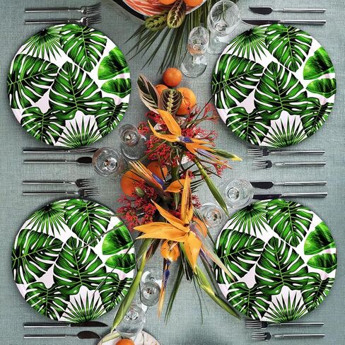 50 قطعة من أطباق الحفلات الورقية الاستوائية مقاس 22.86 سم للاستعمال مرة واحدة، أطباق ورقية دائرية من أوراق النخيل الخضراء، أطباق حلوى هاواي، أطباق لوا، أدوات مائدة صيفية لحفلة لو سفاري هاواي الغابة in Kuwait