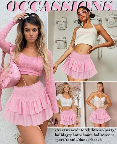 Avidlove Women's High Waist Ruffle Flowy Mini Skirts Stretchy Lined Layered Pleated Casual Beach Short Skirt in Kuwait