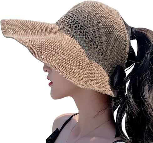 Women UPF 50+ Sun Visor Hat Wide Brim Floppy Beach Hat Foldable Empty Top Hat Roll up Sun Hat with Bowknot in Saudi Arabia