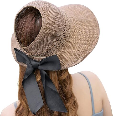 Women UPF 50+ Sun Visor Hat Wide Brim Floppy Beach Hat Foldable Empty Top Hat Roll up Sun Hat with Bowknot in Saudi Arabia