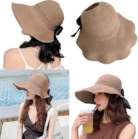 Women UPF 50+ Sun Visor Hat Wide Brim Floppy Beach Hat Foldable Empty Top Hat Roll up Sun Hat with Bowknot in Saudi Arabia
