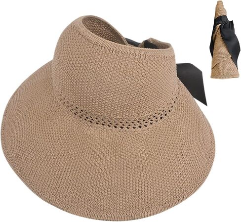 Women UPF 50+ Sun Visor Hat Wide Brim Floppy Beach Hat Foldable Empty Top Hat Roll up Sun Hat with Bowknot in Saudi Arabia