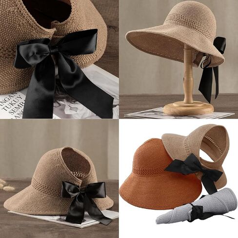 Women UPF 50+ Sun Visor Hat Wide Brim Floppy Beach Hat Foldable Empty Top Hat Roll up Sun Hat with Bowknot in Saudi Arabia