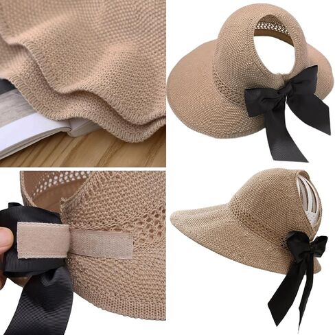 Women UPF 50+ Sun Visor Hat Wide Brim Floppy Beach Hat Foldable Empty Top Hat Roll up Sun Hat with Bowknot in Saudi Arabia