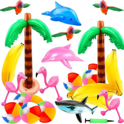 24 Pack Large Inflatable Palm Tree Flamingo Banana Beach Ball Parrot Dolphin Shark Blow up Beach Pool Toys for Tropical Hawaiian Summer Pool Swim Party Decor in Saudi Arabia
