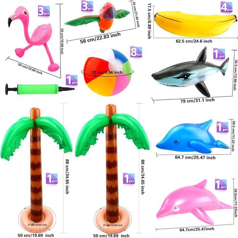 24 Pack Large Inflatable Palm Tree Flamingo Banana Beach Ball Parrot Dolphin Shark Blow up Beach Pool Toys for Tropical Hawaiian Summer Pool Swim Party Decor in Saudi Arabia