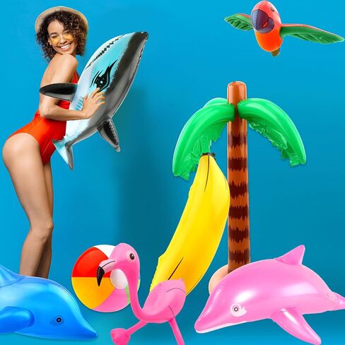 24 Pack Large Inflatable Palm Tree Flamingo Banana Beach Ball Parrot Dolphin Shark Blow up Beach Pool Toys for Tropical Hawaiian Summer Pool Swim Party Decor in Saudi Arabia