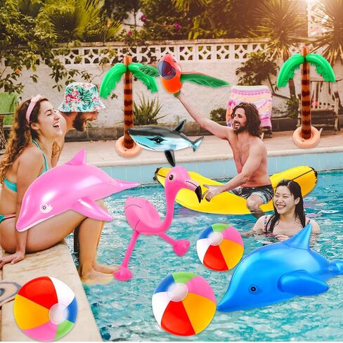 24 Pack Large Inflatable Palm Tree Flamingo Banana Beach Ball Parrot Dolphin Shark Blow up Beach Pool Toys for Tropical Hawaiian Summer Pool Swim Party Decor in Saudi Arabia
