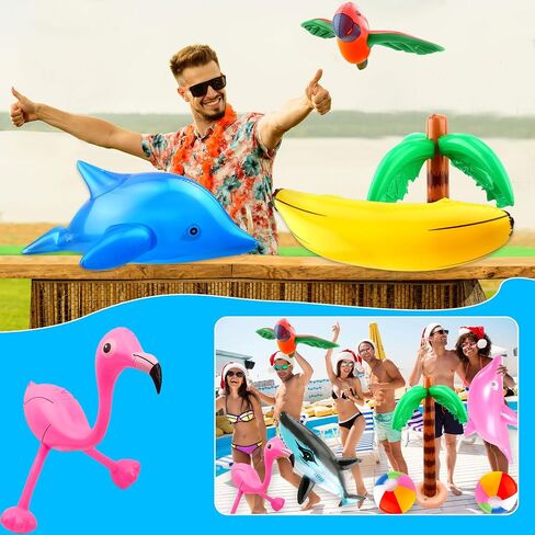 24 Pack Large Inflatable Palm Tree Flamingo Banana Beach Ball Parrot Dolphin Shark Blow up Beach Pool Toys for Tropical Hawaiian Summer Pool Swim Party Decor in Saudi Arabia