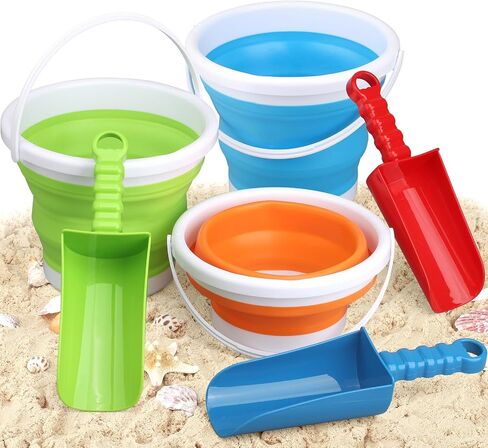 6 Pack Foldable Beach Sand Bucket Shovel Toy for Kids Adults, Collapsible Castle Pails with 9" Thick Shovel, Heavy Duty Tool for Garden, Cleaning, Camping, Travelling, Digging, Easter Birthday Gifts in Saudi Arabia