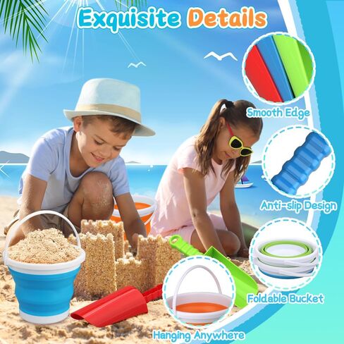 6 Pack Foldable Beach Sand Bucket Shovel Toy for Kids Adults, Collapsible Castle Pails with 9" Thick Shovel, Heavy Duty Tool for Garden, Cleaning, Camping, Travelling, Digging, Easter Birthday Gifts in Saudi Arabia