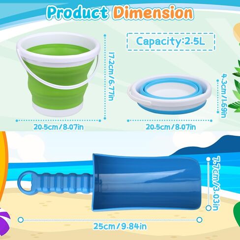 6 Pack Foldable Beach Sand Bucket Shovel Toy for Kids Adults, Collapsible Castle Pails with 9" Thick Shovel, Heavy Duty Tool for Garden, Cleaning, Camping, Travelling, Digging, Easter Birthday Gifts in Saudi Arabia