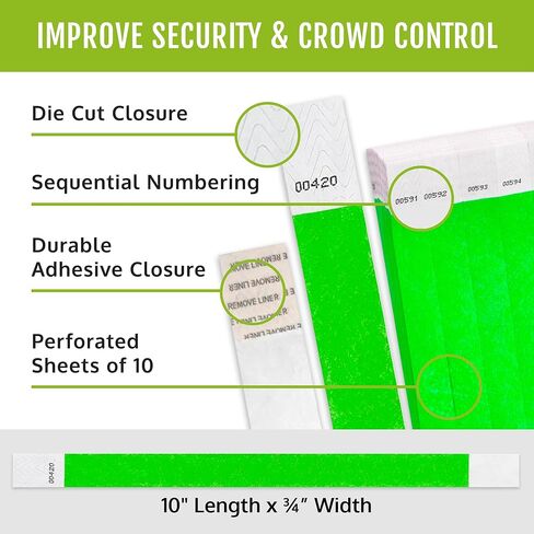 أساور المعصم Tyvek باللون الأخضر النيون من المعصم للمناسبات - عدد 500 - تصميم مقاوم للتلاعب ولون فلورسنت يمنع إعادة الاستخدام - أساور عالية الجودة للمستشفى والهوية الطبية، وتحديد هوية الحفلات وكبار الشخصيات in Kuwait