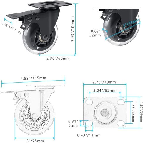 Hirate 3 inch Top Plate Casters, 4 Pack Heavy Duty Swivel Caster with Safety Dual Locking No Noise Polyurethane Replacement for Moving Home Furniture Table Dolly in Saudi Arabia