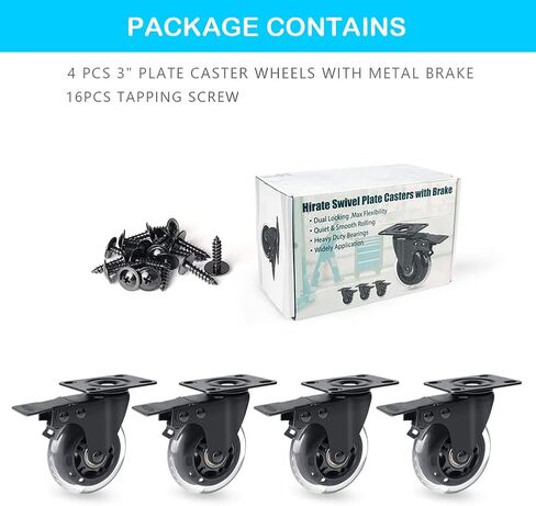 Hirate 3 inch Top Plate Casters, 4 Pack Heavy Duty Swivel Caster with Safety Dual Locking No Noise Polyurethane Replacement for Moving Home Furniture Table Dolly in Saudi Arabia