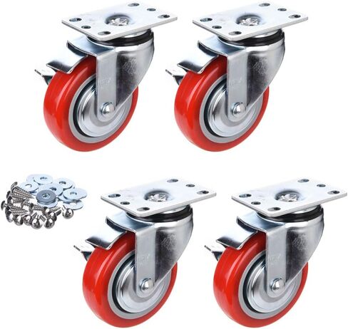 [T-REX CASTER] 4inch Heavy Duty Casters, All Swivel Plate Caster Wheels with Safety Side Locking and Red Polyurethane Load Capacity - 840 Lbs Per Caster (Pack of 4) P504S-2B(RED) in Saudi Arabia