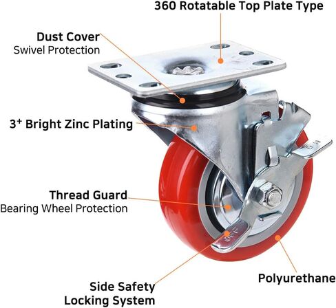 [T-REX CASTER] 4inch Heavy Duty Casters, All Swivel Plate Caster Wheels with Safety Side Locking and Red Polyurethane Load Capacity - 840 Lbs Per Caster (Pack of 4) P504S-2B(RED) in Saudi Arabia