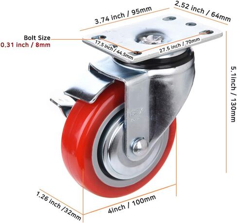 [T-REX CASTER] 4inch Heavy Duty Casters, All Swivel Plate Caster Wheels with Safety Side Locking and Red Polyurethane Load Capacity - 840 Lbs Per Caster (Pack of 4) P504S-2B(RED) in Saudi Arabia