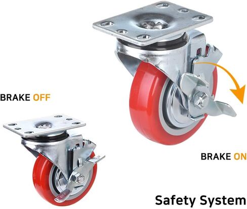 [T-REX CASTER] 4inch Heavy Duty Casters, All Swivel Plate Caster Wheels with Safety Side Locking and Red Polyurethane Load Capacity - 840 Lbs Per Caster (Pack of 4) P504S-2B(RED) in Saudi Arabia