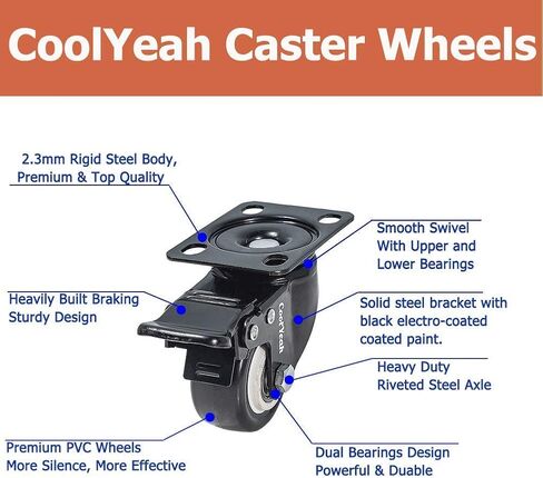 عجلات دوارة من مادة PVC مقاس 2 بوصة، عجلات ممتازة (عبوة من 8، 4 مع فرامل و4 بدون) in Kuwait