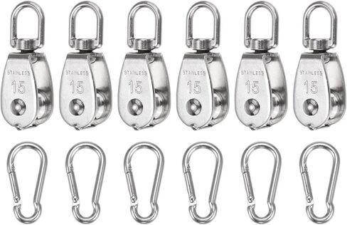 مجموعة uxcell مكونة من 6 قطع بكرة واحدة M15 مع خطاف زنبركي، عجلة سحب سلك تعليق من الفولاذ المقاوم للصدأ 304، بكرة بكرة رافعة تحميل 80 رطلًا in Kuwait