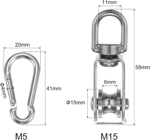 مجموعة uxcell مكونة من 6 قطع بكرة واحدة M15 مع خطاف زنبركي، عجلة سحب سلك تعليق من الفولاذ المقاوم للصدأ 304، بكرة بكرة رافعة تحميل 80 رطلًا in Kuwait