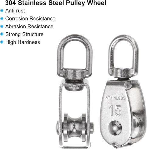 مجموعة uxcell مكونة من 6 قطع بكرة واحدة M15 مع خطاف زنبركي، عجلة سحب سلك تعليق من الفولاذ المقاوم للصدأ 304، بكرة بكرة رافعة تحميل 80 رطلًا in Kuwait