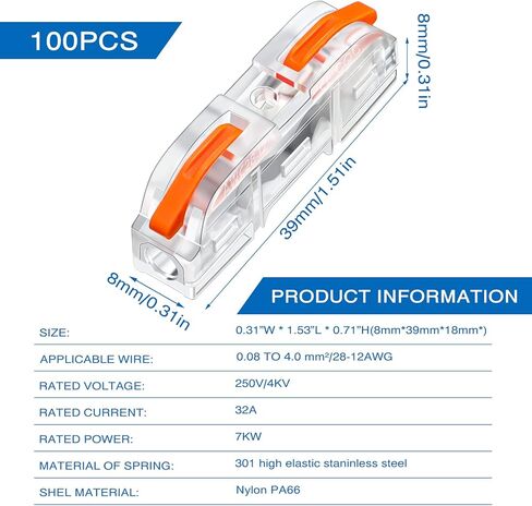 100 Set Lever Wire Connectors Compact Splicing Wire Connectors Terminal Blocks Assortment for 28-12 AWG, Soft and Hard Wire Universal（Orange） in Kuwait