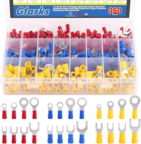 Glarks 360pcs 22-16/16-14/12-10 Gauge Quick Disconnect Electrical Insulated Spade Fork Ring Solderless Crimp Terminals Connectors Assortment Kit in Saudi Arabia