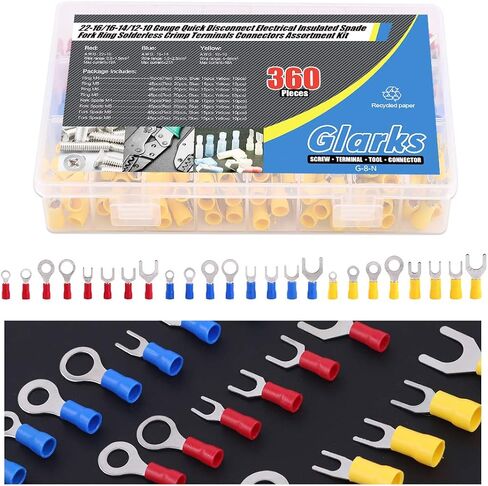 Glarks 360pcs 22-16/16-14/12-10 Gauge Quick Disconnect Electrical Insulated Spade Fork Ring Solderless Crimp Terminals Connectors Assortment Kit in Saudi Arabia