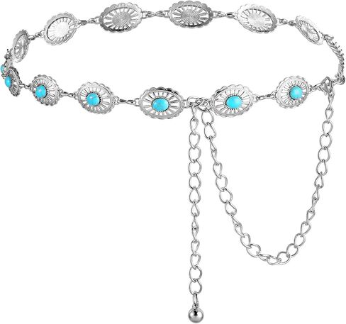 Western Metal Turquoise Chain Belt for Women, Boho Waist Chain Cowgirl Belts Adjustable Metal Belt for Jeans Dresses in Saudi Arabia