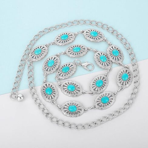 Western Metal Turquoise Chain Belt for Women, Boho Waist Chain Cowgirl Belts Adjustable Metal Belt for Jeans Dresses in Saudi Arabia