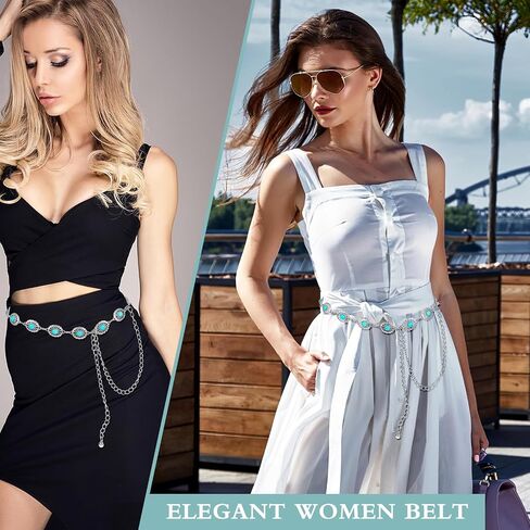 Western Metal Turquoise Chain Belt for Women, Boho Waist Chain Cowgirl Belts Adjustable Metal Belt for Jeans Dresses in Saudi Arabia