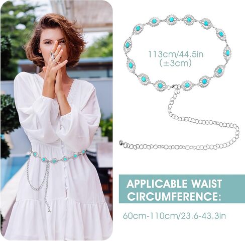 Western Metal Turquoise Chain Belt for Women, Boho Waist Chain Cowgirl Belts Adjustable Metal Belt for Jeans Dresses in Saudi Arabia
