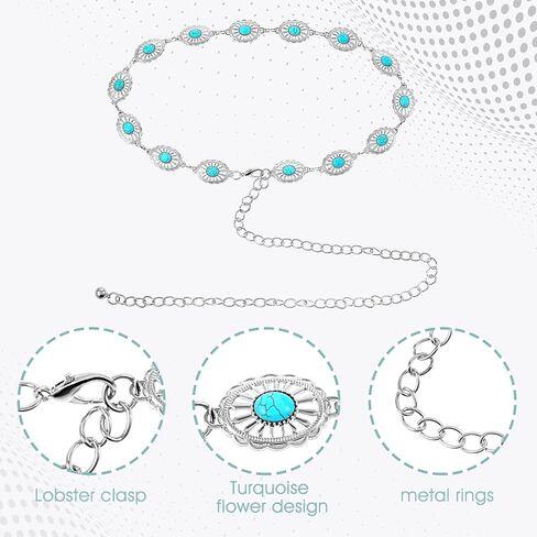 Western Metal Turquoise Chain Belt for Women, Boho Waist Chain Cowgirl Belts Adjustable Metal Belt for Jeans Dresses in Saudi Arabia