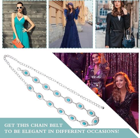 Western Metal Turquoise Chain Belt for Women, Boho Waist Chain Cowgirl Belts Adjustable Metal Belt for Jeans Dresses in Saudi Arabia