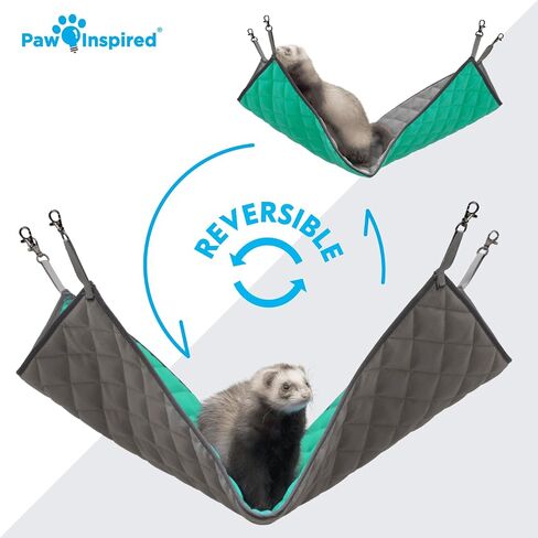 Paw Inspired Hanging Fleece Hammock for Ferrets, Rats, Chinchillas, Sugar Gliders, Cats, Small Pets | Hideout Toy for Guinea Pigs, Hamsters | Swivel Clips for Small Animal Cages (Gray/Green) in Saudi Arabia